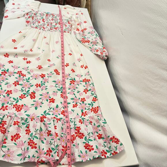 Draper James Floral Midi Dress Size S Smocked Puff Sleeve Linen Blend White Boho - Picture 11 of 14
